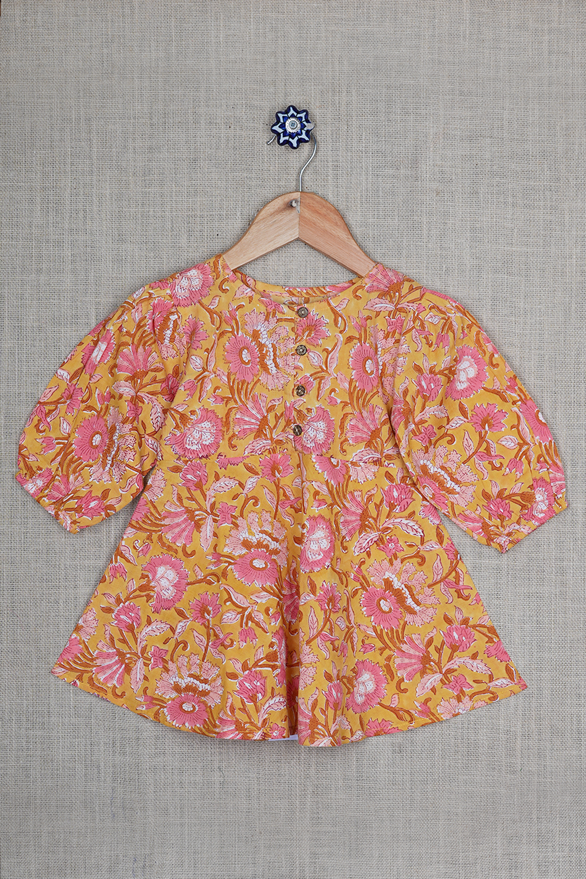 Round Neck Floral Printed Mellow Yellow Dobby Cotton Frock