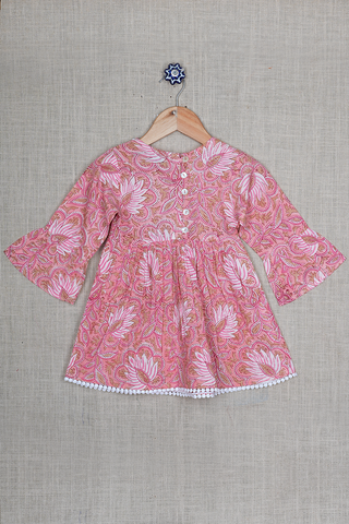 Round Neck Floral Printed Peach Pink Dobby Cotton Frock