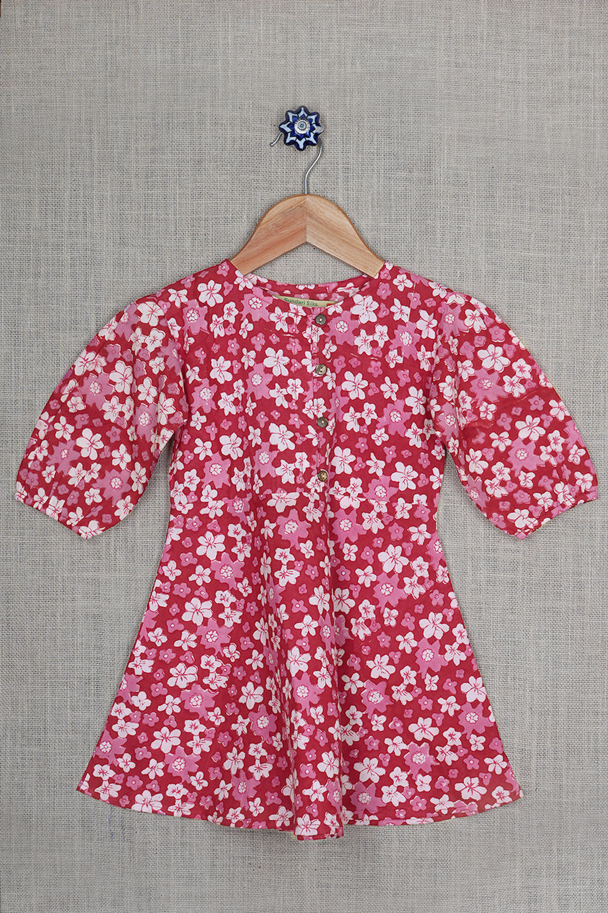 Round Neck Floral Printed Rust Red Dobby Cotton Frock