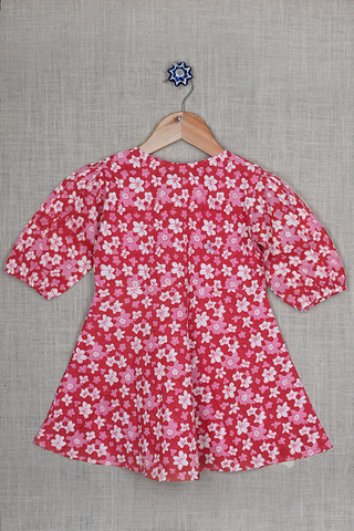 Round Neck Floral Printed Rust Red Dobby Cotton Frock