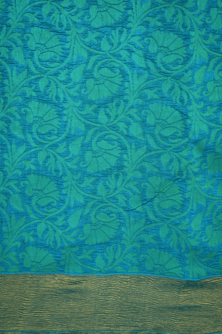 Self Floral Design Peacock Green Raw Silk Saree