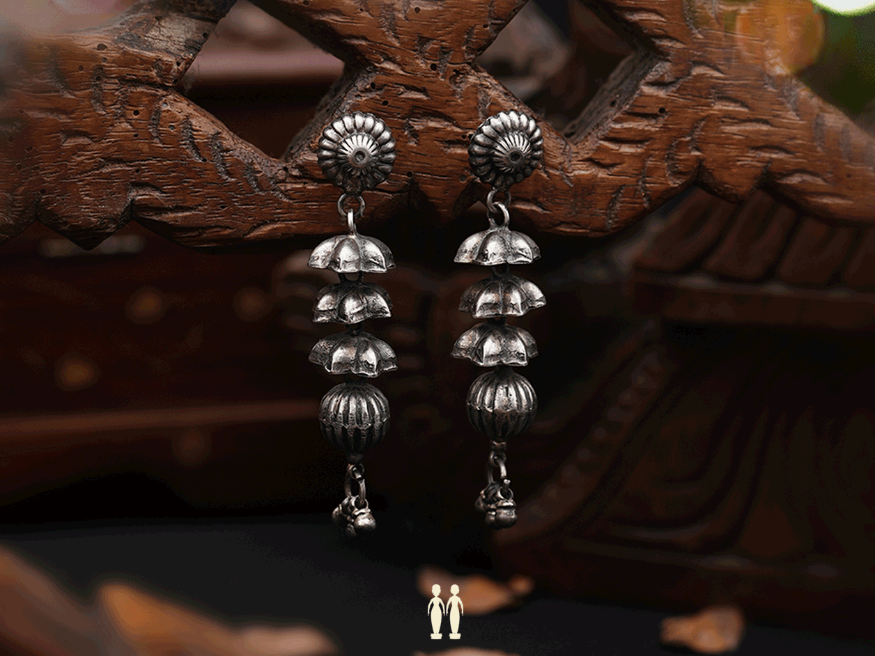 Three Layered Oxidized Pure Silver Jhumkas Sundari Silks