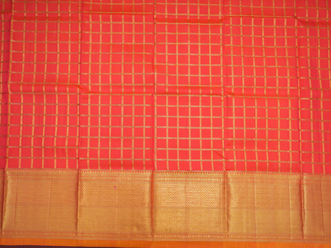 Zari Checks Coral Orange Kanchipuram Pavadai Sattai Material