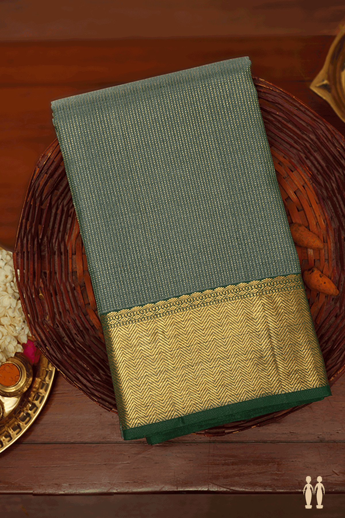 Zari Stripes Design Dusty Green Kanchipuram Silk Saree