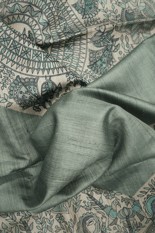 Madhubani Printed Border Plain Dusty Green Tussar Silk Saree