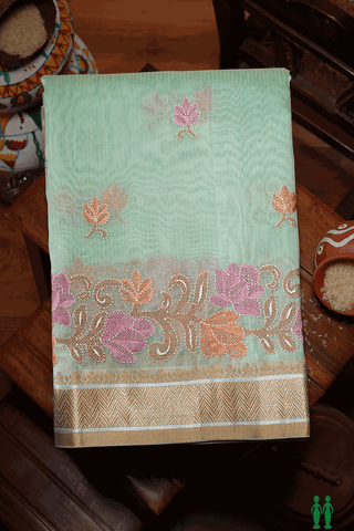 Floral Embroidered Buttas Pastel Green Kota Cotton Saree