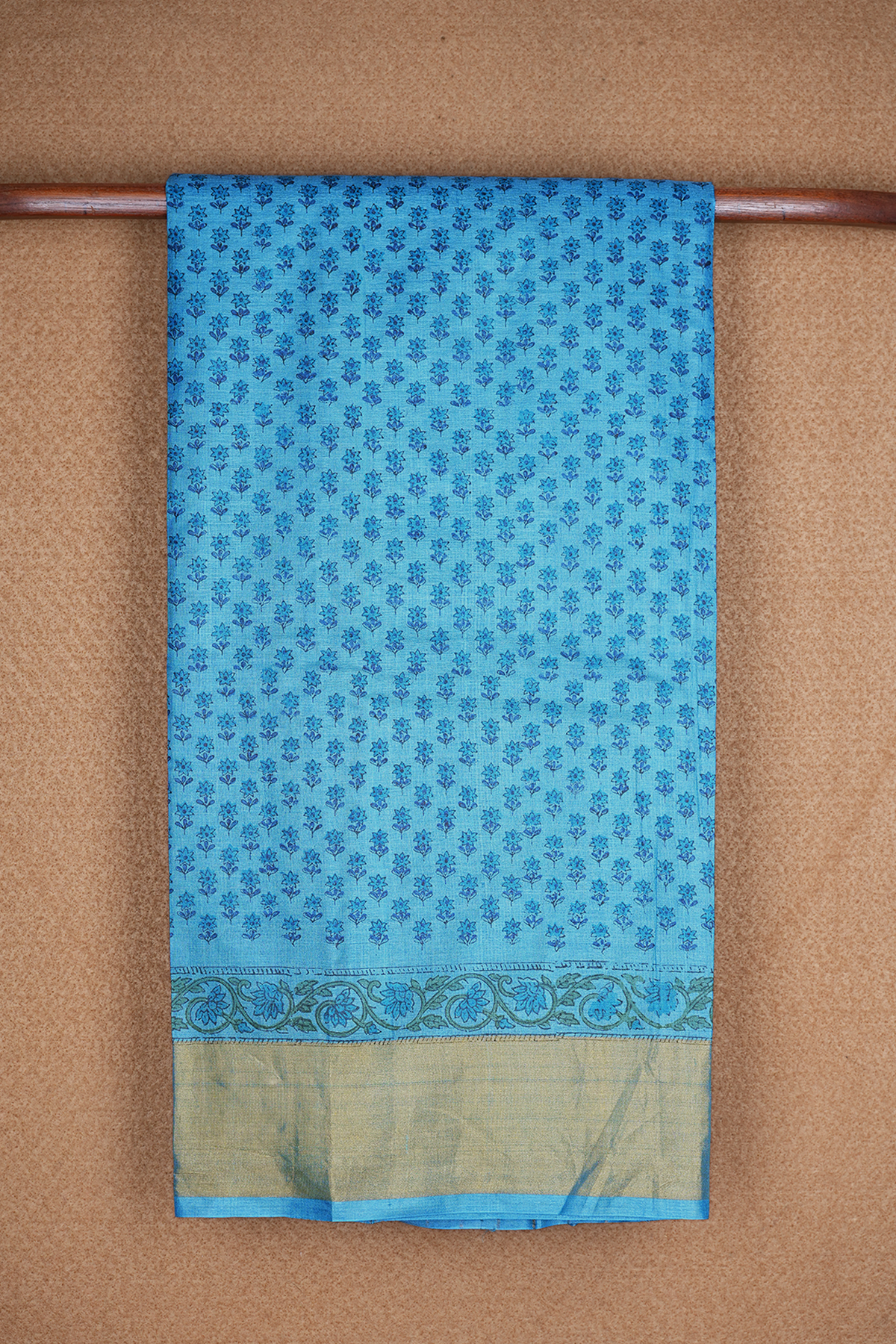 Floral Printed Cerulean Blue Tussar Silk Saree