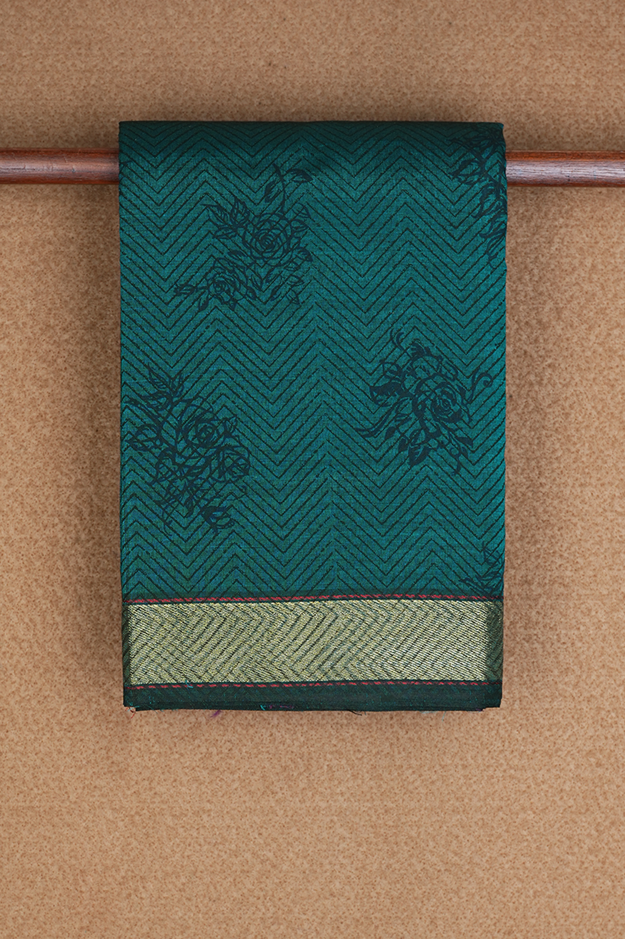Chevron And Floral Design Peacock Green Printed Cotton Saree