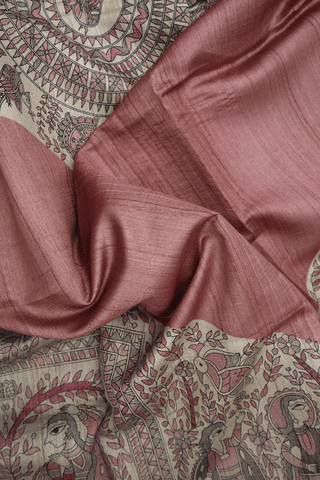 Madhubani Printed Border Plain Dusty Pink Tussar Silk Saree