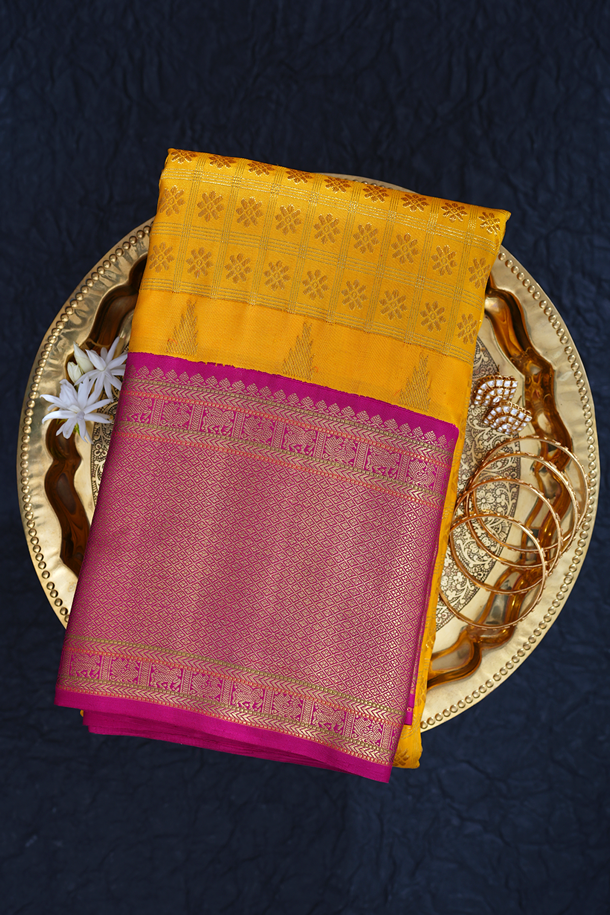 Checks With Buttas Honey Yellow Kanchipuram Silk Saree