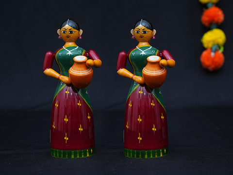 Set Of 2 Wooden Traditional Lady Carring Pot For Showpiece
