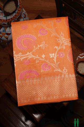 Floral Jaal Design Orange Tussar Banarasi Silk Saree