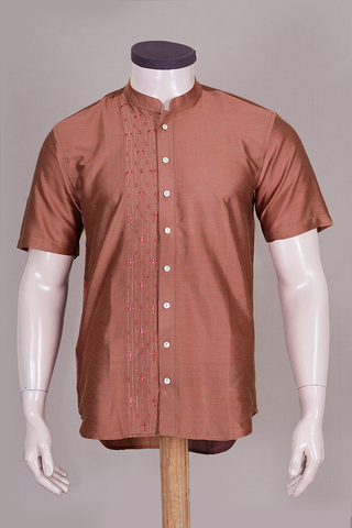 Chinese Collar Brick Brown Soft Raw Silk Shirt