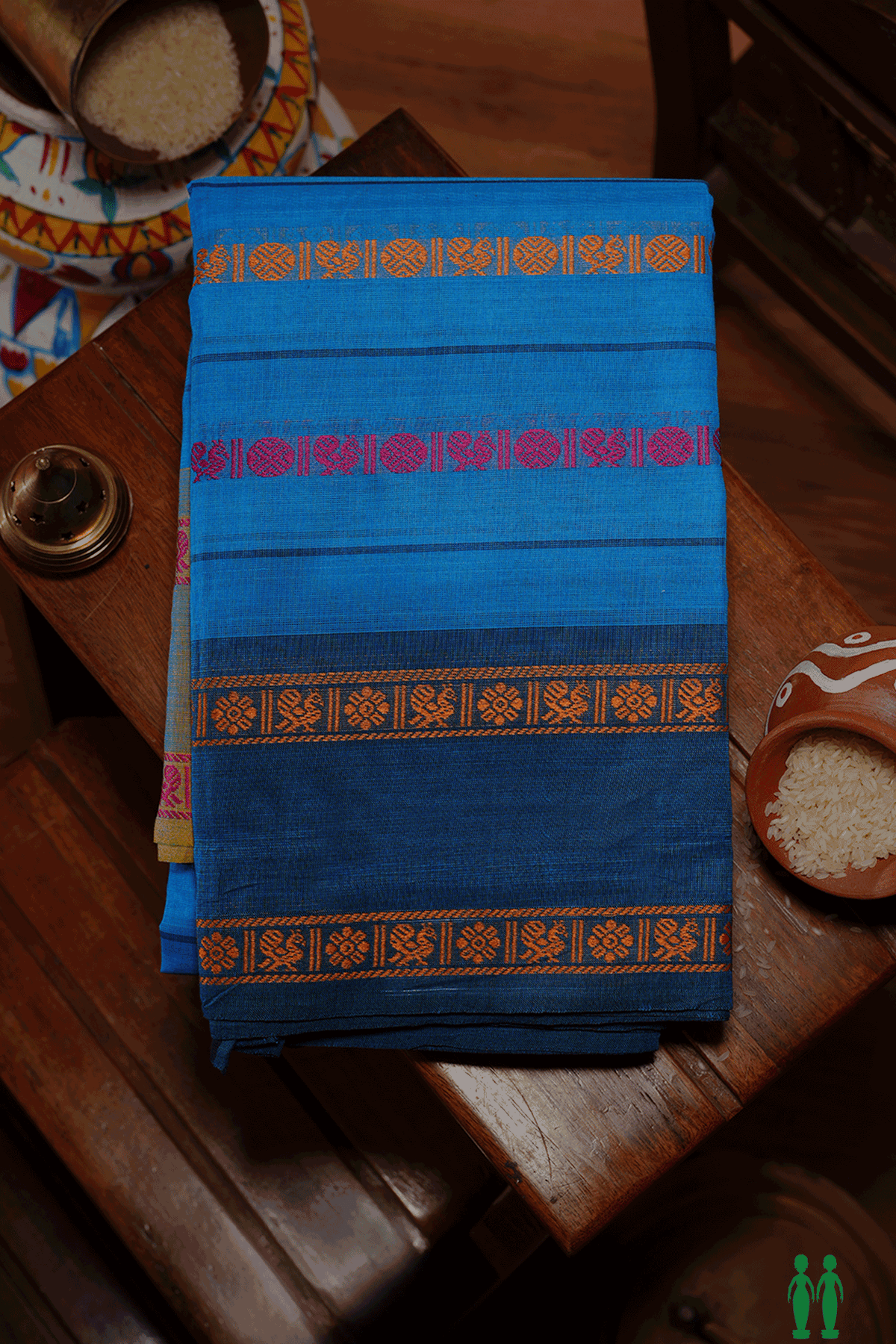 Threadwork Design Azure Blue Chettinadu Cotton Saree