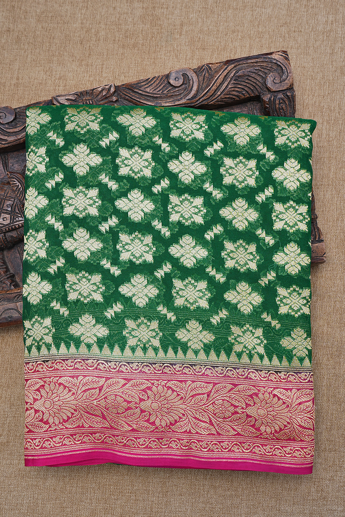 Floral Design Emerald Green Georgette Banarasi Silk Saree