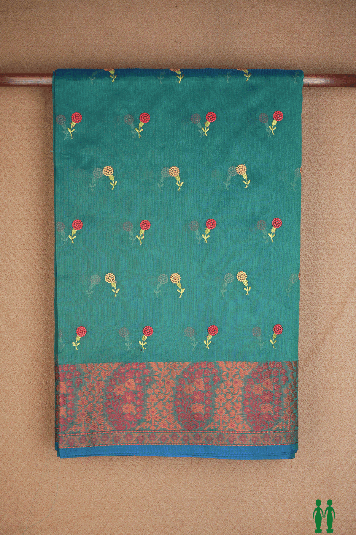 Floral Embroidered Buttas Peacock Green Kota Cotton Saree