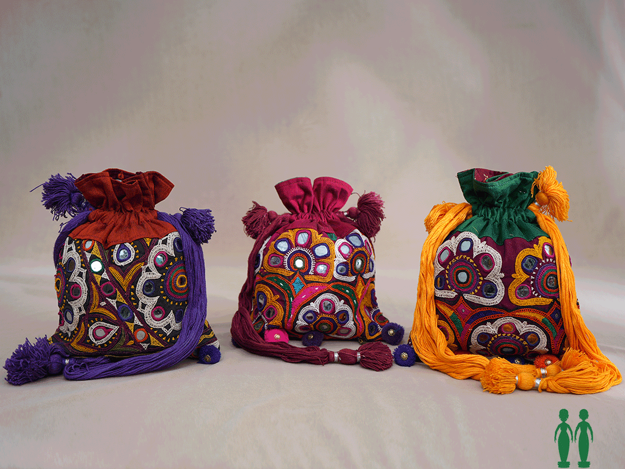 Assorted Set Of 3 Multicolor Cotton Potli Bags