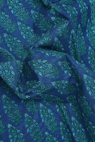 Floral Printed Design Oxford Blue Chanderi Cotton Saree