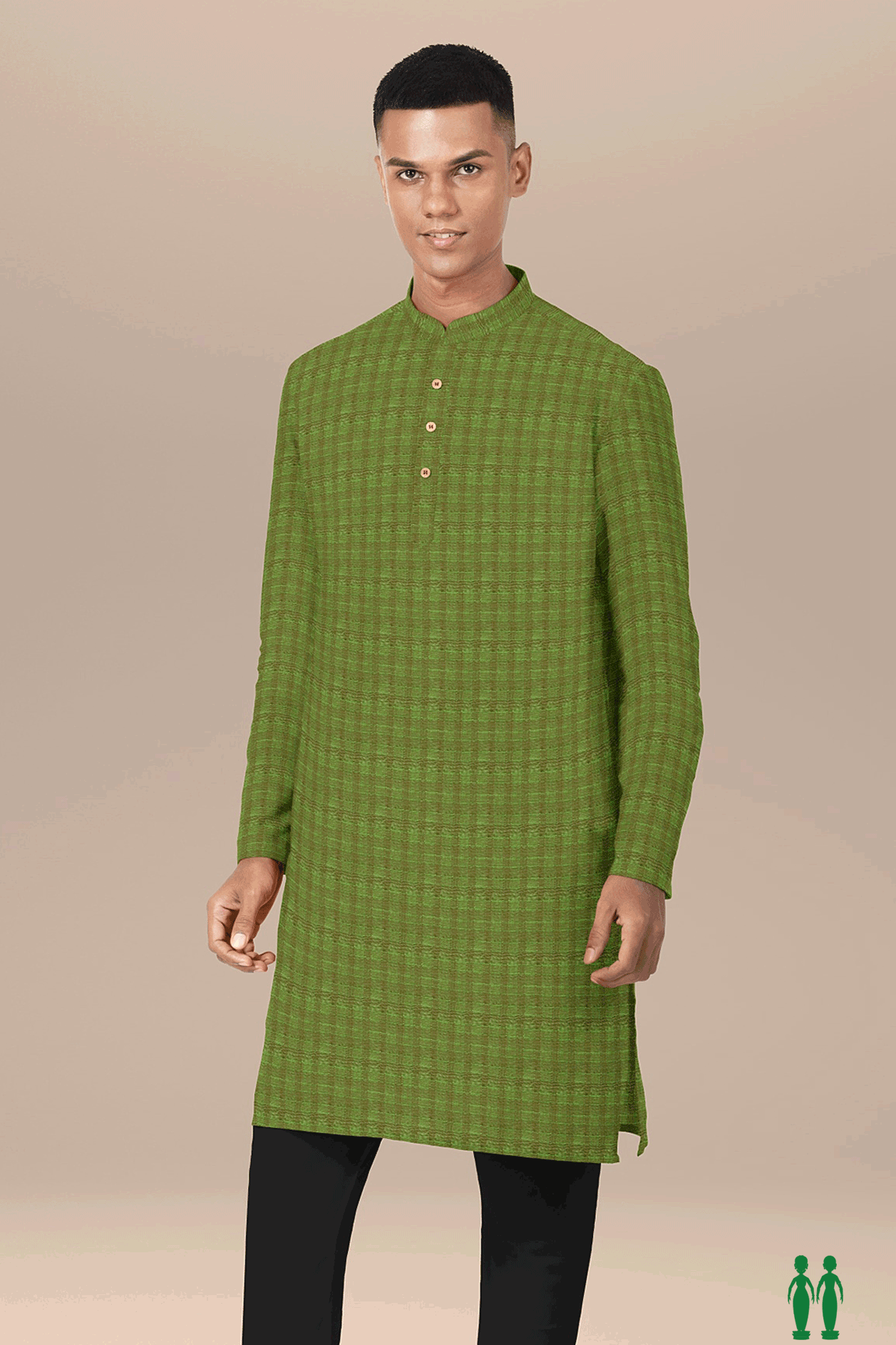 Chinese Collar Self Checks Fern Green Cotton Long Kurta