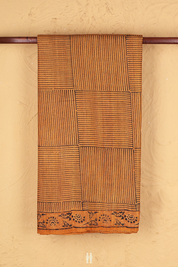 Tussar Silk Saree In Ochre Orange With Checks Design