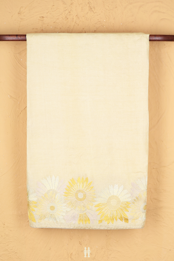 Tussar Silk Saree In Plain Yellow With Floral Border