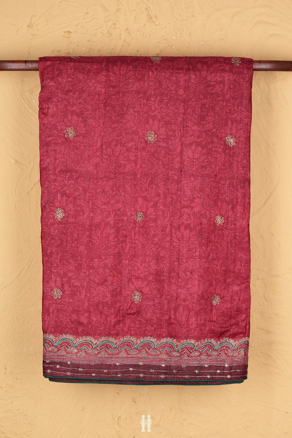 Tussar Silk Saree In Red With Floral Buttas
