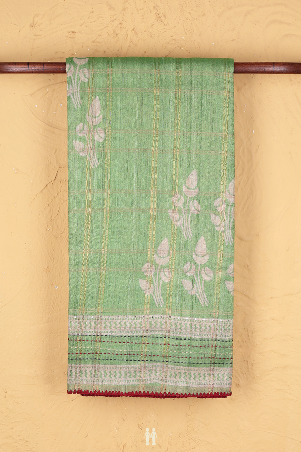 Tussar Silk Saree In Green With Checks Design
