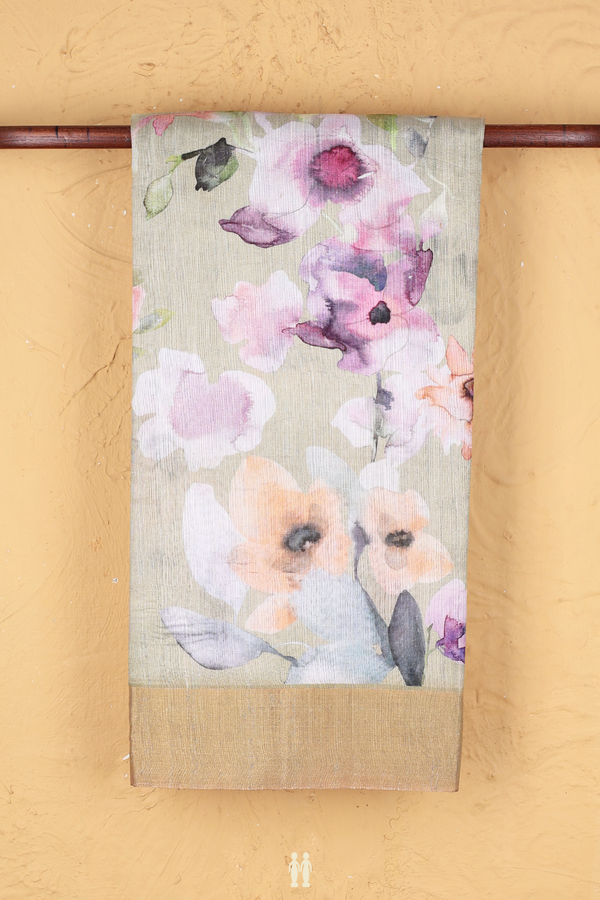 Tussar Silk Saree In Pale Green With Floral Design