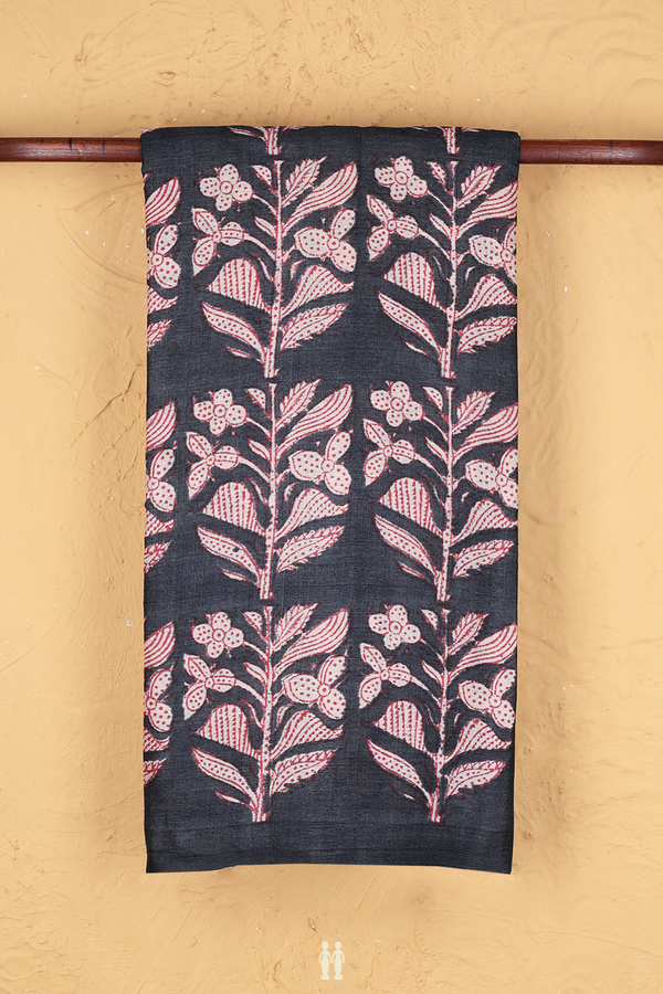 Tussar Silk Saree In Charcoal Grey With Floral Design