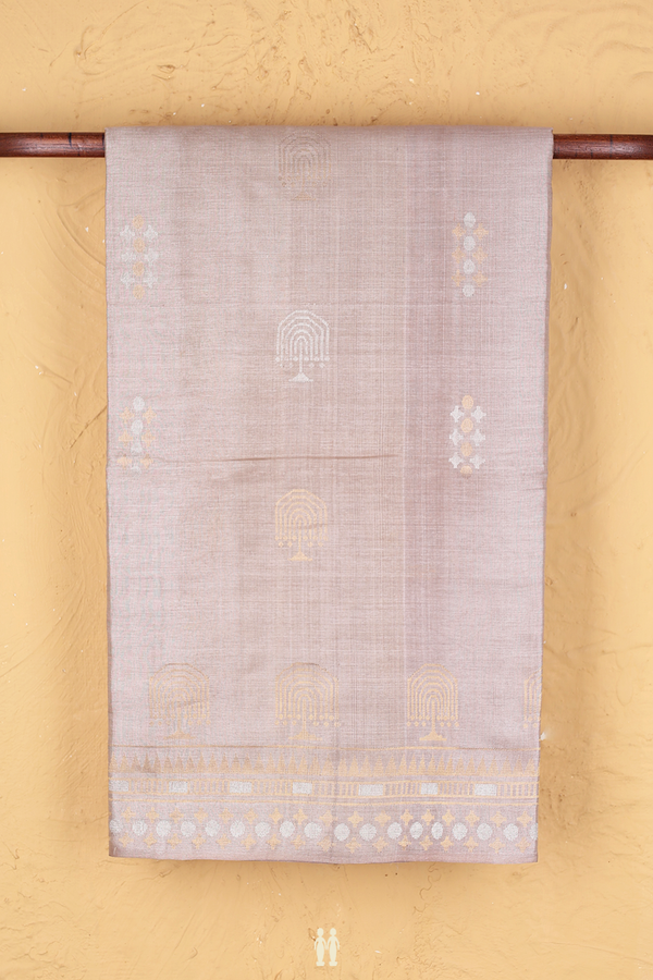 Tussar Silk Saree In Brownish Grey With Zari Buttas