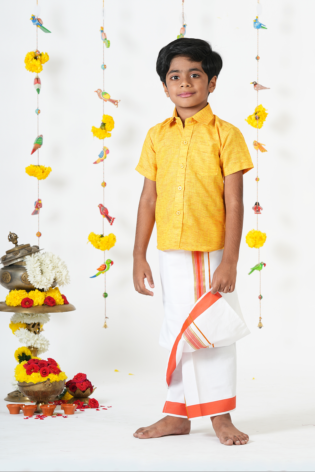 Regular Collar Honey Yellow Cotton Shirt With Velcro Dhoti Set