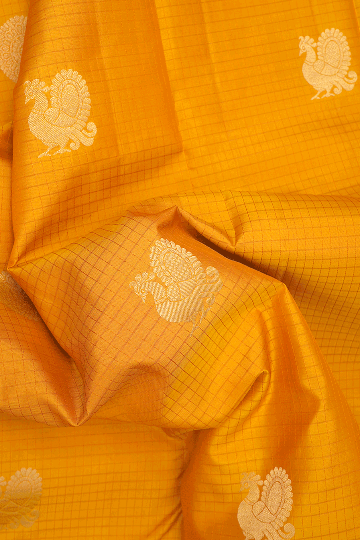 Checks With Buttas Marigold Yellow Kanchipuram Silk Saree