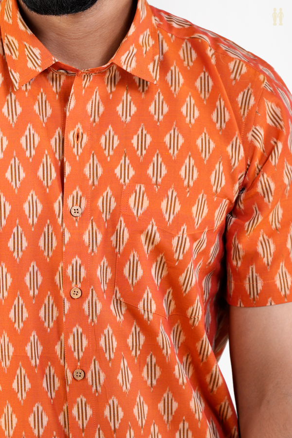 Regular Collar Printed Design Orange Ikat Cotton Shirt