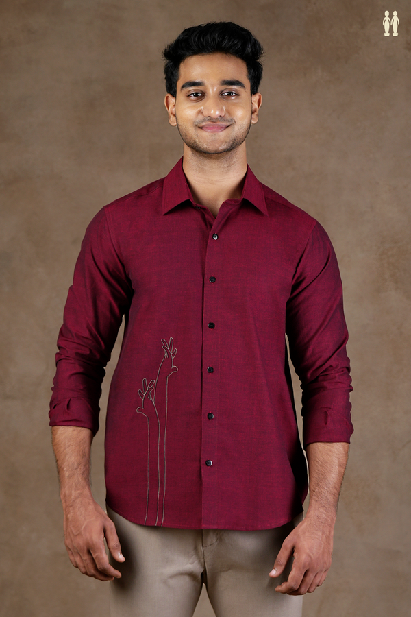 Regular Collar Embroidered Design Burgundy Red Cotton Shirt