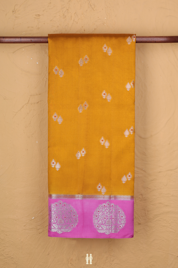 Raw Silk Saree In Golden Yellow With Zari Buttas