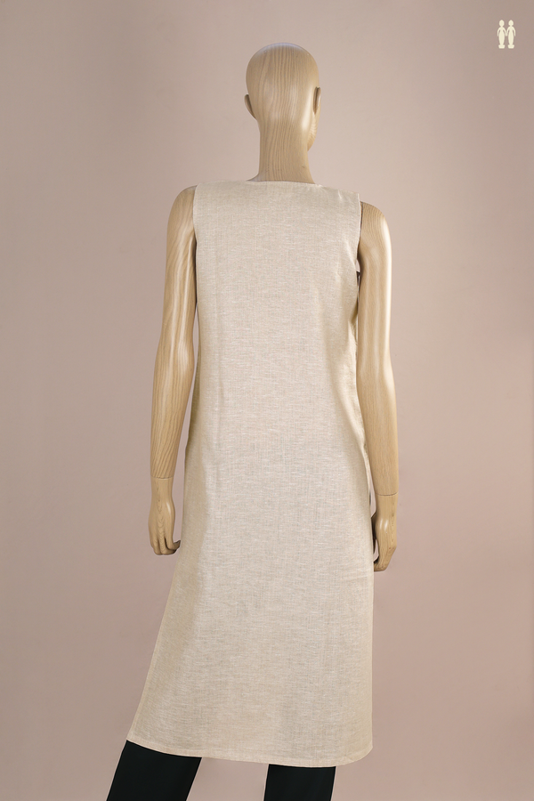 Round Neck Leaf Design White Linen Long Kurta