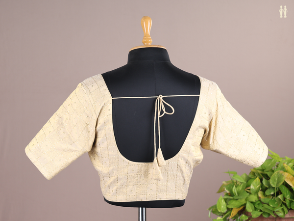 Round Neck Checks Design Tan Semi Raw Silk Readymade Blouse