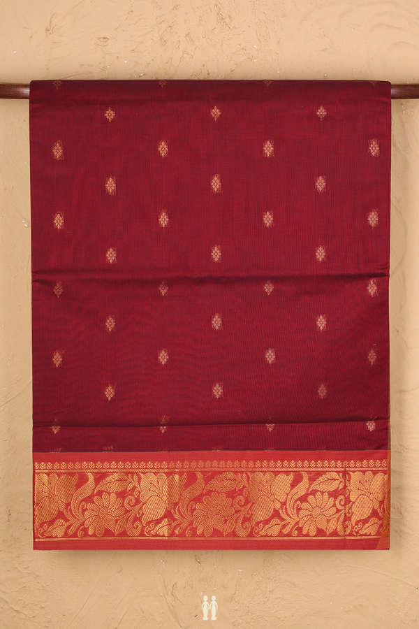 Venkatagiri Cotton Saree In Burgundy Red With Floral Buttas