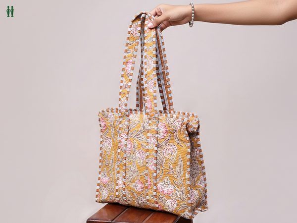 Floral Printed Design Orange Cotton Hand Bag