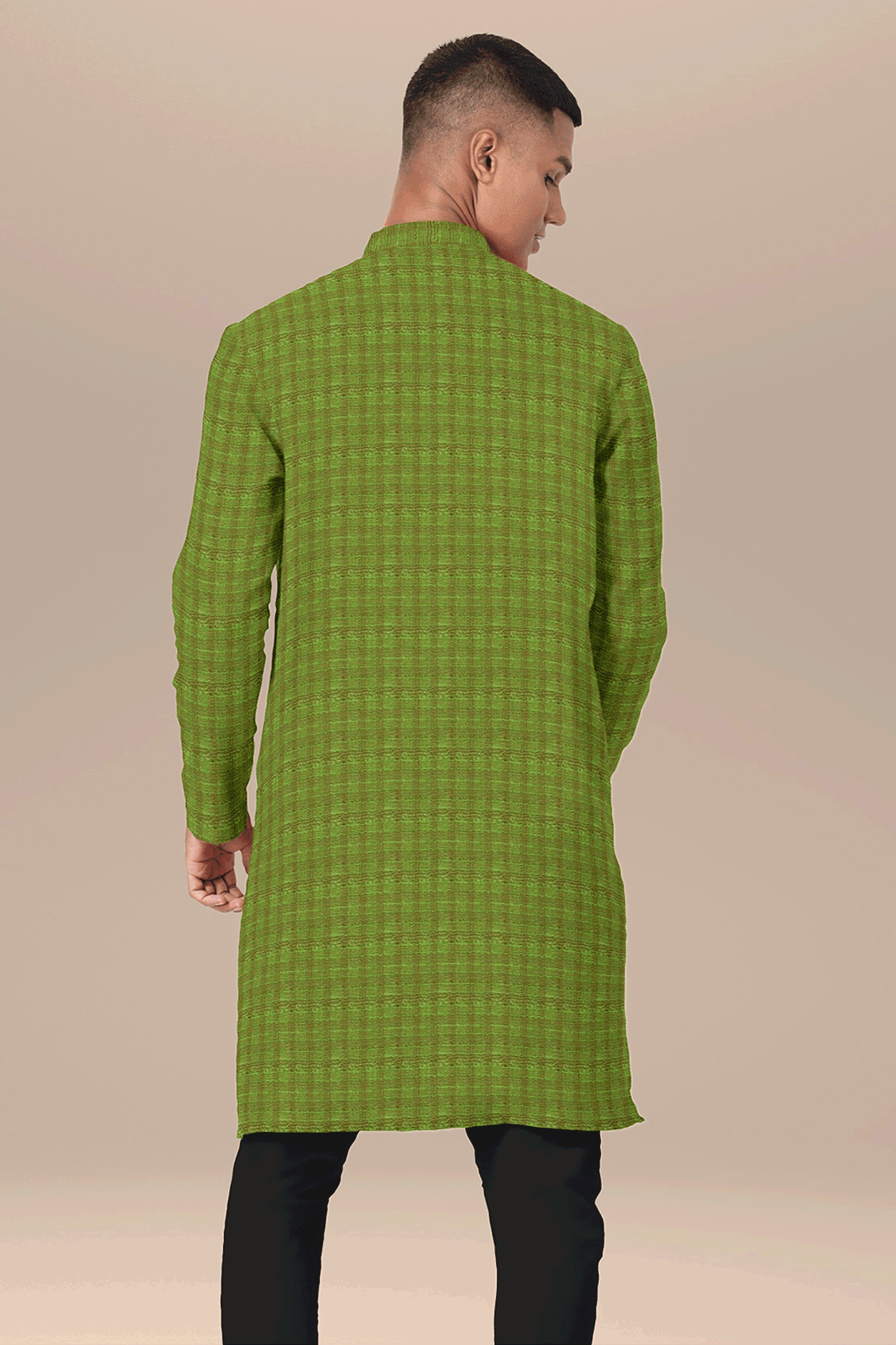 Chinese Collar Self Checks Fern Green Cotton Long Kurta