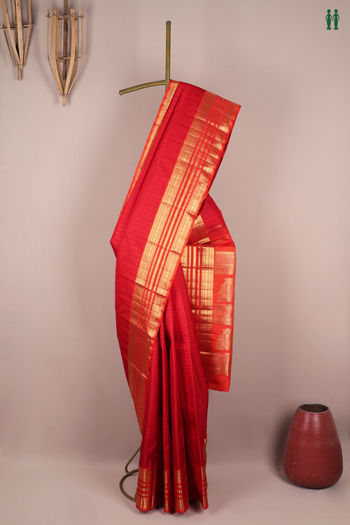 Kanchipuram Silk Saree In Scarlet Red With Checks Design