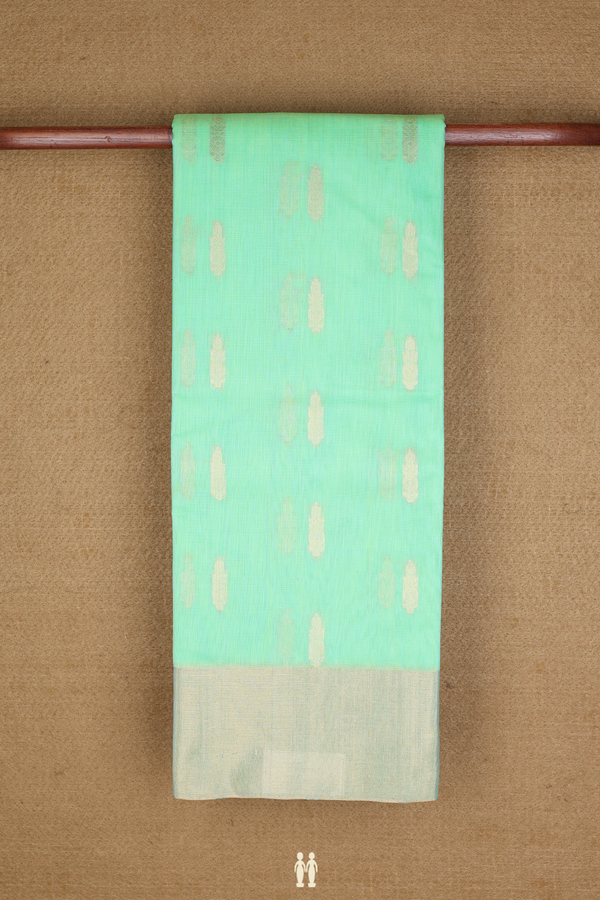 Kora Silk Cotton Saree In Jade Green With Zari Buttas
