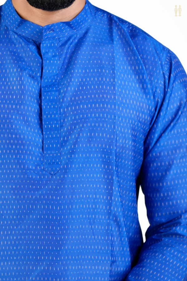 Chinese Collar Printed Design Blue Silk Cotton Short Kurta