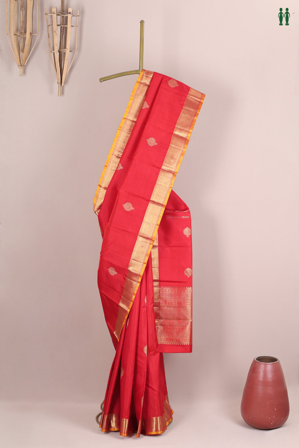 Kanchipuram Silk Saree In Chilli Red With Zari Buttas