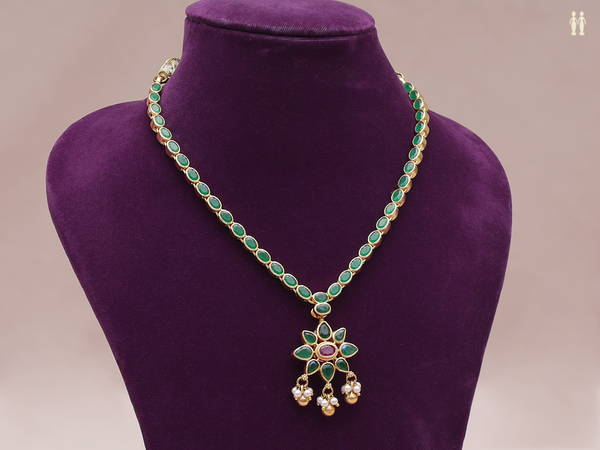 Pink And Green Stone Gold Plated Double Side Silver Necklace