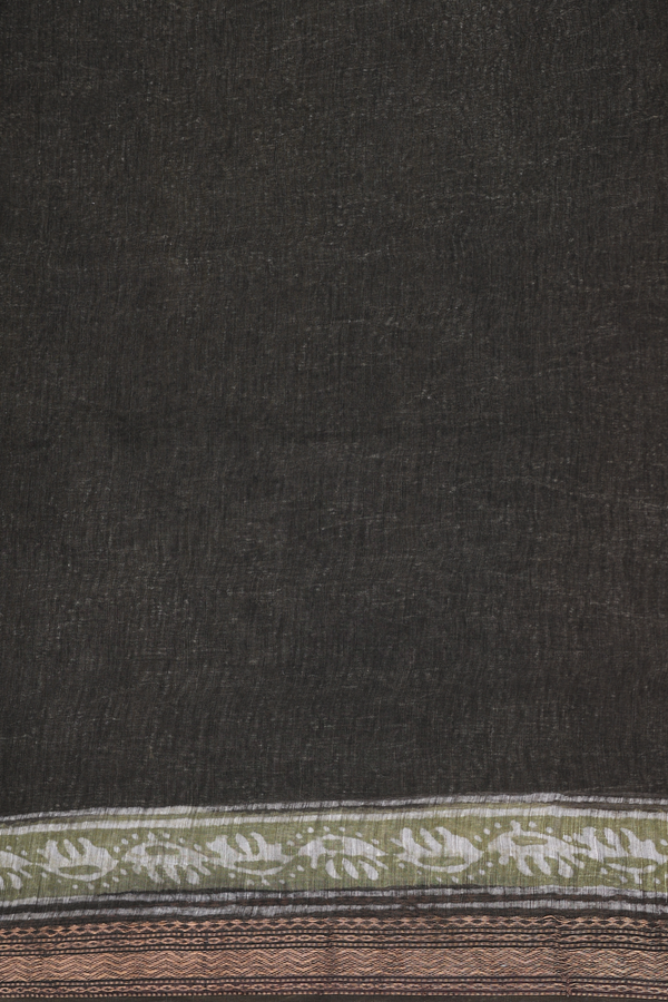 Linen Saree In Olive Green With Printed Design