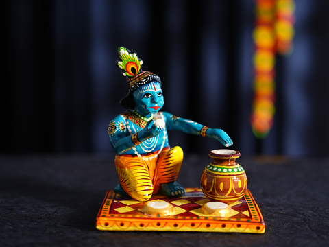 Wooden Handicraft Krishna Idol With Pot For Golu