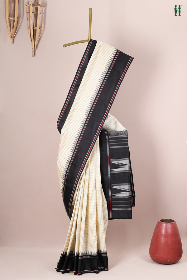 Kanchipuram Silk Saree In Beige With Checks Design