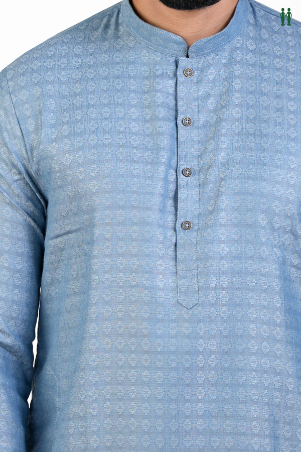 Chinese Collar Threadwork Design Dusty Blue Cotton Long Kurta