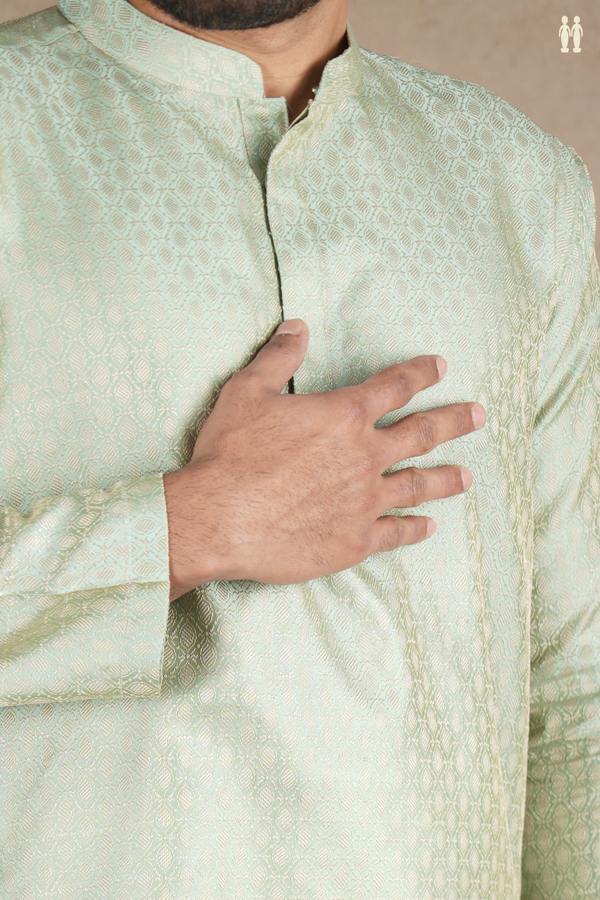 Chinese Collar Threadwork Design Green Semi Banaras Long Kurta